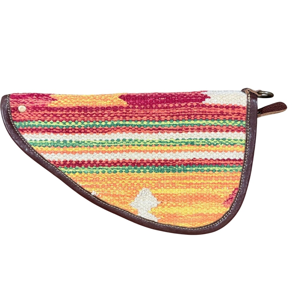 Myra Bag Southwestern Woven Cotton Canvas Saddle Clutch Leather Trim Multi Color